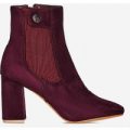 Monroe Block Heel Ankle Boot In Burgundy Faux Suede, Red
