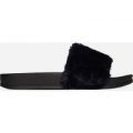 Farrah Black Sliders With Faux Fur Trim,, Black