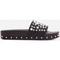 Reco Studded Detail In Rubber Slider In Black Faux Leather, Black