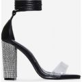 Harriet Lace Up Diamante Heel In Black Faux Leather, Black
