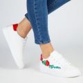 Saffron Floral Embroided Lace Up Trainers With Red Heel Tab In White Faux Leather, White