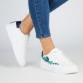 Saffron Floral Embroided Lace Up Trainers With Blue Heel Tab In White Faux Leather, White