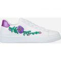 Saffron Floral Embroided Lace Up Trainers With Violet Heel Tab In White Faux Leather, White