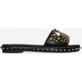 Tonie Gold Studded Detail Slider In Black Faux Leather, Black