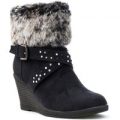 Lilley Womens Black Microfibre Wedge Faux Fur Boot