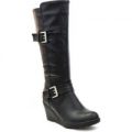 Lilley Womens Black Calf Wedge Boot with Buckles