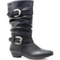 Lilley Womens Black Ruched Boot with Double Buckle