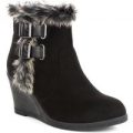 Lilley Womens Black Faux Fur Trim Wedge Ankle Boot