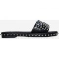 Tonie Silver Studded Detail Slider In Black Faux Leather, Black