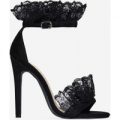 Florence Lace Frill Detail Heel In Black Faux Suede, Black