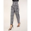 Monochrome Check Paperbag Waist Tapered Trousers, Black