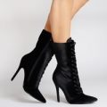 Sophia Velvet Black Stiletto Lace Up Ankle Boot, Black