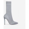 Ziva Striped Pointed Toe Sock Boot In Grey Knit, Grey