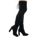 Belle Over The Knee Lace Up Back Boots In Black Faux Suede, Black