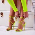 Rochelle Lace Up Barely There Heel In Neon Yellow Faux Leather, Yellow