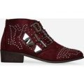Elba Studded Detail Biker Boot In Burgundy Faux Suede, Red