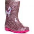 Girls Pink Unicorn Glitter Wellington Boot