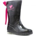 Pineapple Kids Black Pink Bow Glittery Welly