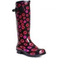 Womens Black And Red Lip Pattern Wellington Boot