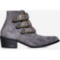 Winona Buckle Detail Ankle Boot In Grey Faux Suede, Grey
