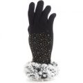 Lilley Womens Black Diamante Faux Fur Trim Glove