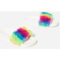 Aaliyah White Rubber Slider With Multi Colour Faux Fur Trim, White