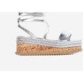 Abigail Strappy Espadrille Flatform In Silver Faux Leather, Silver