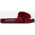 Amil Faux Fur Lined Burgundy Rubber Slider With Fluffy Trim, Red