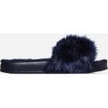 Amil Faux Fur Lined Navy Rubber Slider With Fluffy Trim, Blue