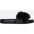 Amil Faux Fur Lined Black Rubber Slider With Fluffy Trim, Black