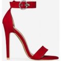 Adison Diamante Buckle Barely There Heel In Red Faux Suede, Red
