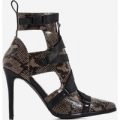 Alessia Strap Detail Ankle Boot In Brown Snake Print Faux Leather, Brown