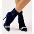 Alexi Sock Fit Embellished Trim Ankle Boots in Navy Velvet, Blue