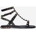 Alfie Gold Studded Detail Gladiator Sandal In Black Faux Leather, Black