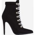 Alisha Pointed White Lace Up Ankle Boot In Black Faux Suede, Black
