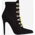 Alisha Pointed Yellow Lace Up Ankle Boot In Black Faux Suede, Black