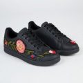 Harlow Floral Embroided Lace Up Trainers In Black Faux Leather, Black