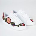 Harlow Floral Embroided Lace Up Trainers With Metallic Red Heel Tab In White Faux Leather, White