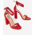 Anabel Floral Detail Lace Up Block Heel In Red Faux Leather, Red