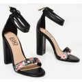 Anabel Floral Detail Lace Up Block Heel In Black Faux Leather, Black
