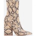 Ameera Block Heel Pointed Ankle Boot In Nude Snake Print Faux Leather, Nude