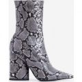 Ameera Block Heel Pointed Ankle Boot In Grey Snake Print Faux Leather, Grey
