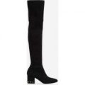 Anna Studded Detail Over The Knee Long Boot In Black Faux Suede, Black