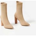 Anushka Knit Ankle Boot With Wooden Heel In Beige, Nude