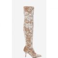 Arden Kitten Heel Over The Knee Long Boot In Nude Velvet, Nude