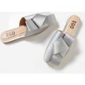 Ares Bow Flat Mule In Silver Satin, Silver