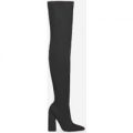 Arielle Flared Heel Thigh High Long Boot In Black Lycra, Black