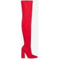 Arielle Flared Heel Thigh High Long Boot In Red Lycra, Red