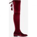 Arlo Over The Knee Long Boot In Burgundy Velvet, Red