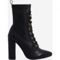 Maud Lace Up Block Heel Ankle Boot In Black Faux Leather, Black